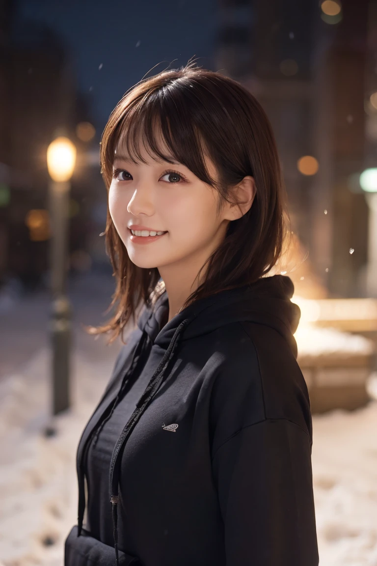 1 Girl, (Wear a black hoodie:1.2), (RAW Photos, highest qualthaty), (Realistic, Realistic:1.4), Tabletop, Very delicate and beautiful, Very detailed, 2k wallpaper, wonderful, finely, Very detailed CG Unthaty 8K 壁紙, Very detailed, High resolution, Soft Light, Beautiful detailed girl, Very detailed目と顔, Beautiful and sophisticated nose, finelyて美しい目, Cinema Lighting, Illuminations that light up the cthaty on a snowy night, Snow Scene, that'that'that'it's snowing, Snow fell in my hair, Perfect Anatomy, Slender body, Was nervous,
Straight semi-long hair, bangs, Looking at the audience, smile、Fluffy scarf