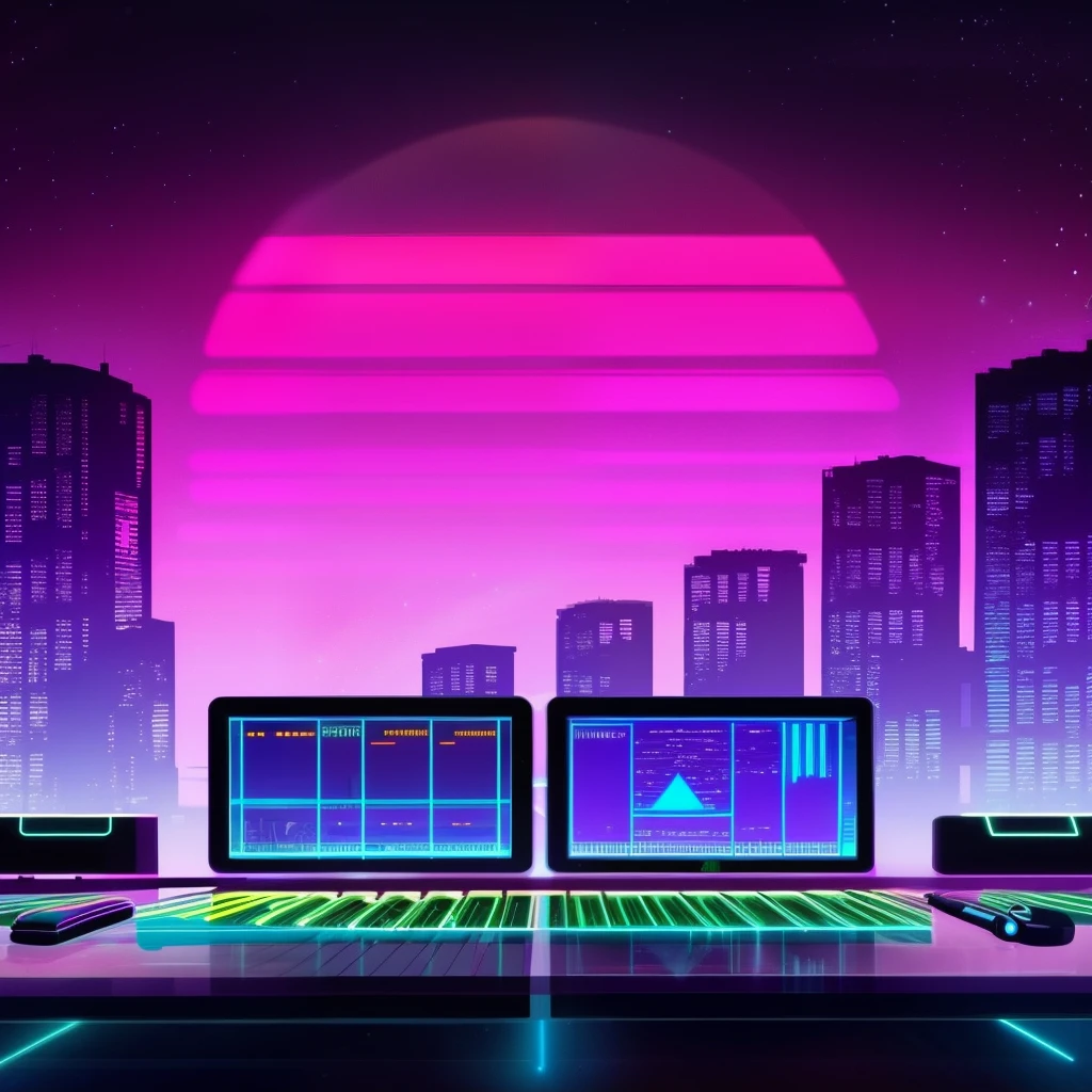 (neonskiesai)++, computer and some synthesisers placed on the table, headphone, Studio, complex patterned background, synth wave visual