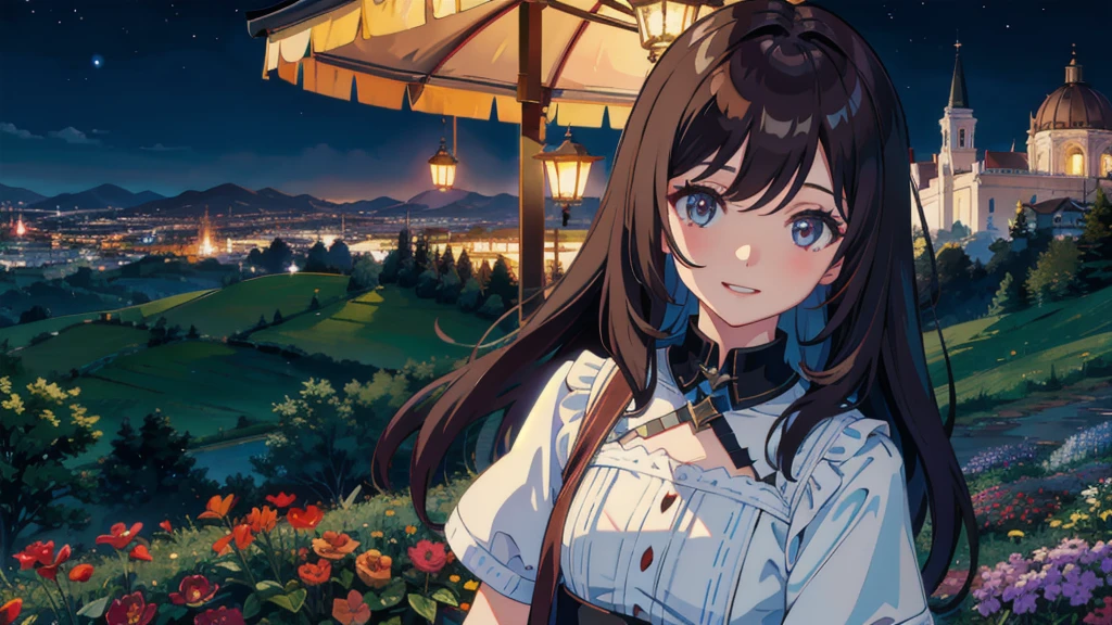 masterpiece,Highest quality,One Girl,The hair color is brown, Eye color: black, smile,countryside,Cityscape,night景,Flowers and plants,scenery,night,Light Perception,soft,