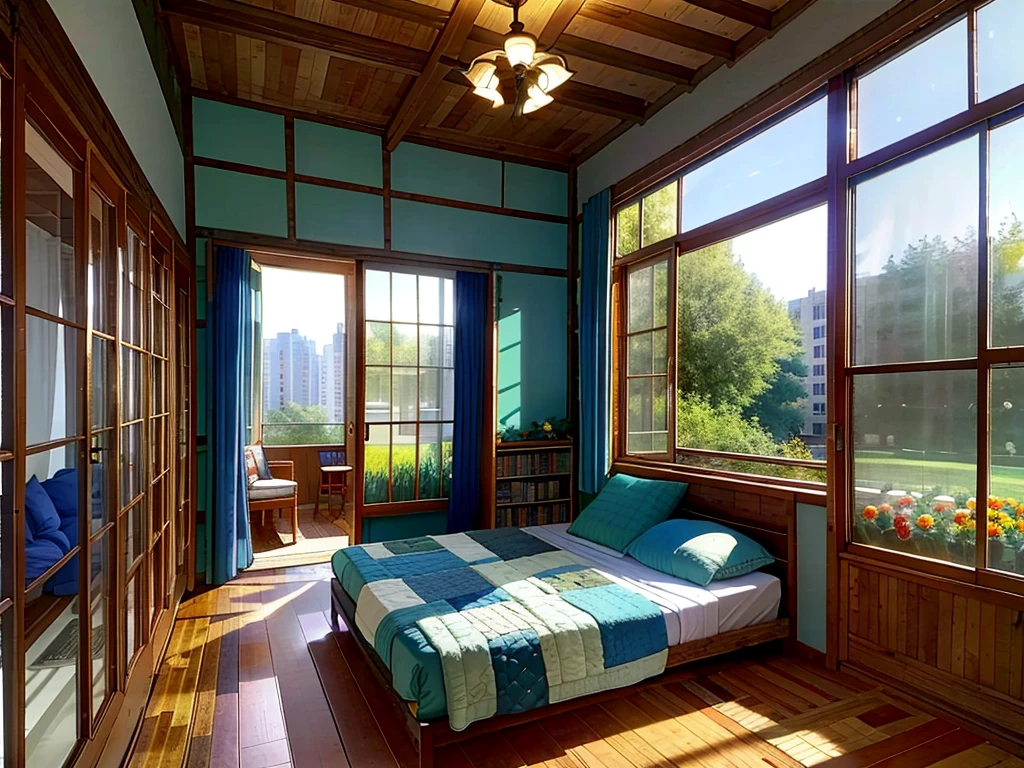 8K picture quality,Best quality,masterpiece,HD,Super rich detail,detailed,Comfortable bedroom,Large Windows,Floor-to-ceiling windows,big bed,There are pillows on the bed,Quilt,Essas roupas,notebook,There is a cabinet next to it,There are bookcases,There is a table,There are chairs,There are flowers,There is a wardrobe,There was a sofa,There are carpets,There are many books,Overall very comfortable,extremely clean,very useful,Large Windows,The scenery outside the window,There are various other flowers,and vegetable garden,There are a variety of vegetables inside,超HD真实感,Live photos,The overall color is mainly blue-green,Strong realism