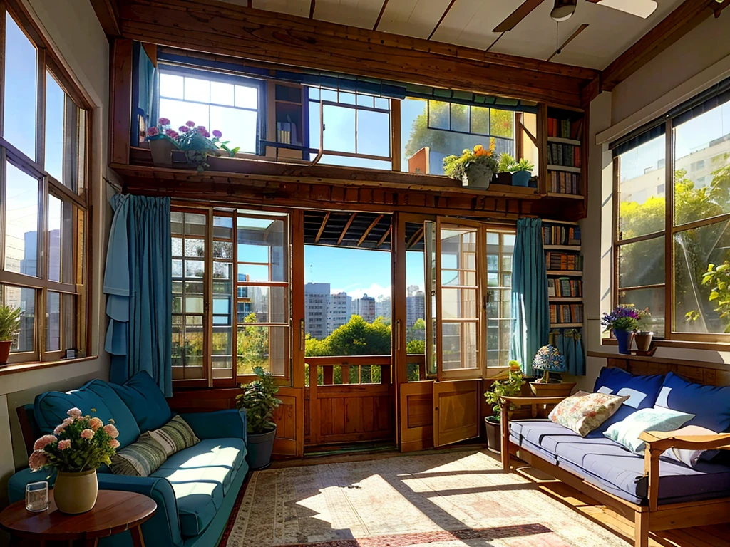 8K picture quality,Best quality,masterpiece,HD,Super rich detail,detailed,Comfortable bedroom,Large Windows,Floor-to-ceiling windows,big bed,There are pillows on the bed,Quilt,Essas roupas,notebook,There is a cabinet next to it,There are bookcases,There is a table,There are chairs,There are flowers,There is a wardrobe,There was a sofa,There are carpets,There are many books,Overall very comfortable,extremely clean,very useful,Large Windows,The scenery outside the window,There are various other flowers,and vegetable garden,There are a variety of vegetables inside,超HD真实感,Live photos,The overall color is mainly blue-green,Strong realism