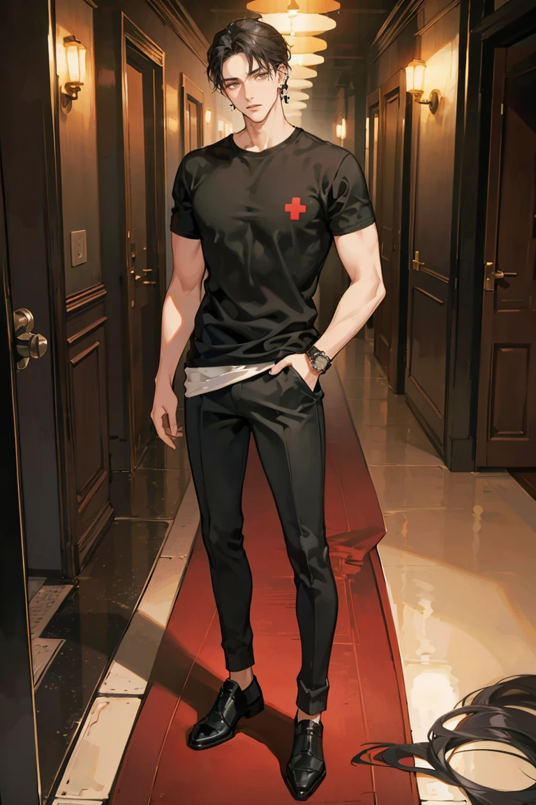 anime - (masterpiece), best quality, seductive eyes, perfect face, handsome man, brown eyes, long slicked back black hair, long nose, tan brown skin, black t-shirt with red cross design, black fitted pants, silver watch, extremely tall man, long legs, long calves, full body, tall man, long legs, anime cover, 1boy, ear piercings, hands in pockets, adult-like look, luxury interior background