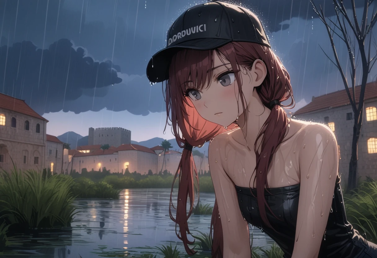 ((Masterpiece)), ((best quality)), (Anime:1.3), (super detail:1.2), (High Definition:1.3), (Professional Photography:1.3), (wide shot), (very aesthetic:1.2), (absurdres:1.2), (sharp focus), (perfect light), 8K, Glossy skin, cinematic lighting, stoic young woman, (strapless black shirt, black baseball cap), (jeans), toned arms, small breast, dark red hair in low twin tails, (gray eyes, swept bangs), stoic, sweat, collarbones, Hair that flutters in the wind, BREAK, ((best quality)), (very aesthetic:1.2), (absurdres:1.2), (Leaning against side of building at night, swamp, willow trees, dusk, rain, wet hair, wet skin, thunderhead clouds)), (Dubrovnik townscape), Beautiful marshlands, 