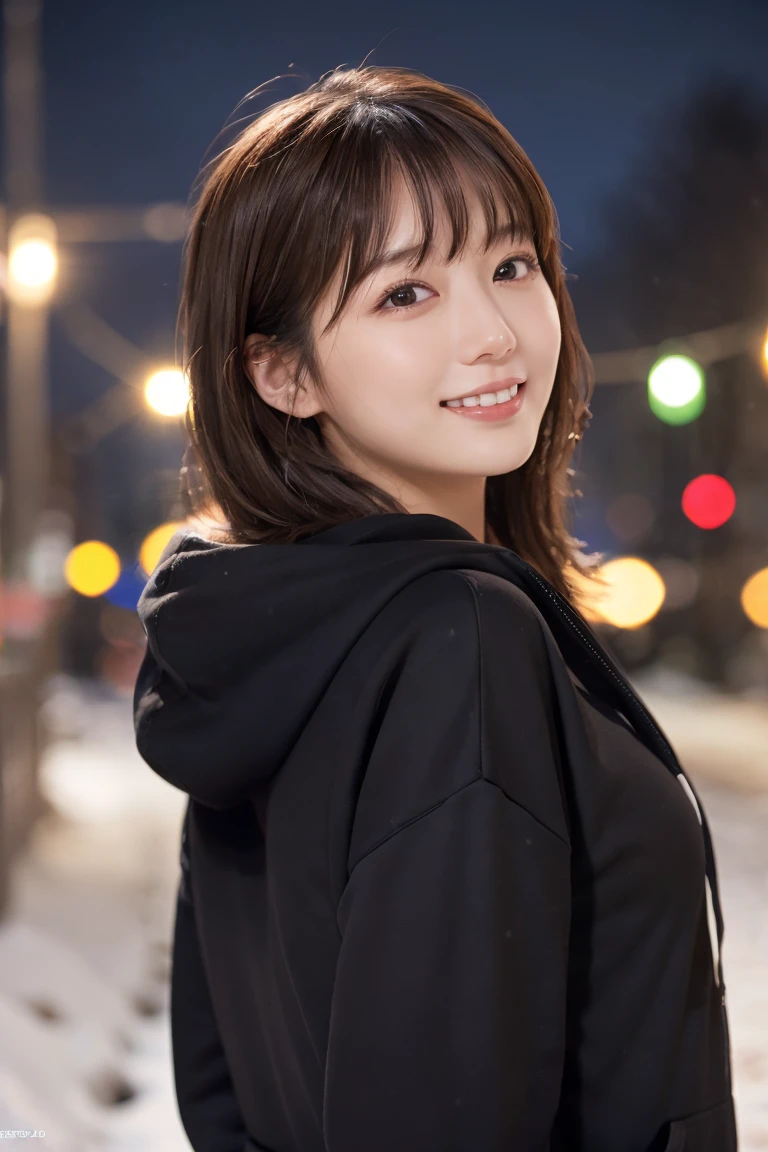 1 Girl, (Wear a black hoodie:1.2), (RAW Photos, highest qualthaty), (Realistic, Realistic:1.4), Tabletop, Very delicate and beautiful, Very detailed, 2k wallpaper, wonderful, finely, Very detailed CG Unthaty 8K 壁紙, Very detailed, High resolution, Soft Light, Beautiful detailed girl, Very detailed目と顔, Beautiful and sophisticated nose, finelyて美しい目, Cinema Lighting, Illuminations that light up the cthaty on a snowy night, Snow Scene, that&#39;that&#39;that&#39;it&#39;s snowing, Snow fell in my hair, Perfect Anatomy, Slender body, Was nervous, 
Straight semi-long hair, bangs, Looking at the audience, smile、Fluffy scarf