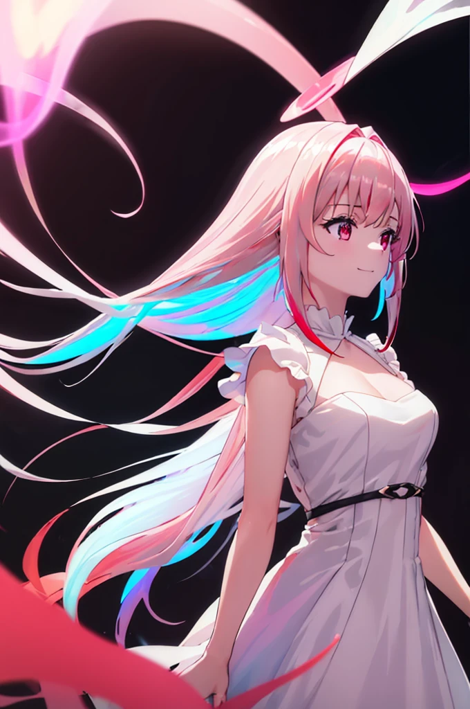 (masterpiece:1.3), (best quality:1.1), (8k, ultra detailed, ultra high res:1.2), ((anime style)), perfect 5 fingers, perfect anatomy,
1girl,
BREAK long hair, (whiet hair:1.2),
red eyes,
medium breasts, (((((Opalescent dress:1.2))))),
smile,
looking up,
upper body,
standing,
(((black background))),