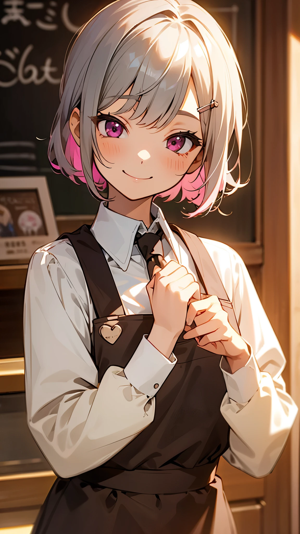 1girl、コーヒーショップで働くgirl、Wicked Smile、Upper body close-up、Side body、Brown apron、Inside the coffee shop、Silver and bob short hairstyle、Tie your hair up with a hair clip、Pink Eyes、Perfect lighting、Warm colors