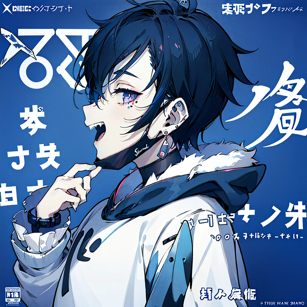 (1boy), (Wearing a blue shark tail hoodie), (boy smiling shark teeth), (Boy Messy Japanese Round Haircut for Thick Hair), (blue nails), (blue hair), black shorts, ((solo)), (magazine:1.3), (cover-style:1.3), simple  simple background, watch, mouth mask, wristwatch, stud earrings, vampire, halftone, mask pull, jirai kei, fangs, score_9, score_8_up, score_7_up, best quality, masterpiece, 4k, perfect lighting, very aesthetic, GOTH GIRL, (red pupils with X shape:1), x-shaped pupils, Ultra-detail,(highres:1.1),best quality,(masterpiece:1.2), cinematic lighting, (detailed face and eyes:1.2), 