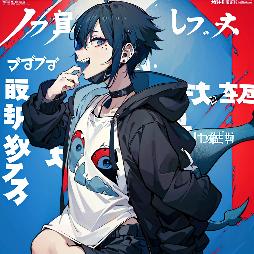 (1boy), (Wearing a blue shark tail hoodie), (boy smiling shark teeth), (Boy Messy Japanese Round Haircut for Thick Hair), (blue nails), (blue hair), black shorts, ((solo)), (magazine:1.3), (cover-style:1.3), simple  simple background, watch, mouth mask, wristwatch, stud earrings, vampire, halftone, mask pull, jirai kei, fangs, score_9, score_8_up, score_7_up, best quality, masterpiece, 4k, perfect lighting, very aesthetic, GOTH GIRL, (red pupils with X shape:1), x-shaped pupils, Ultra-detail,(highres:1.1),best quality,(masterpiece:1.2), cinematic lighting, (detailed face and eyes:1.2), 