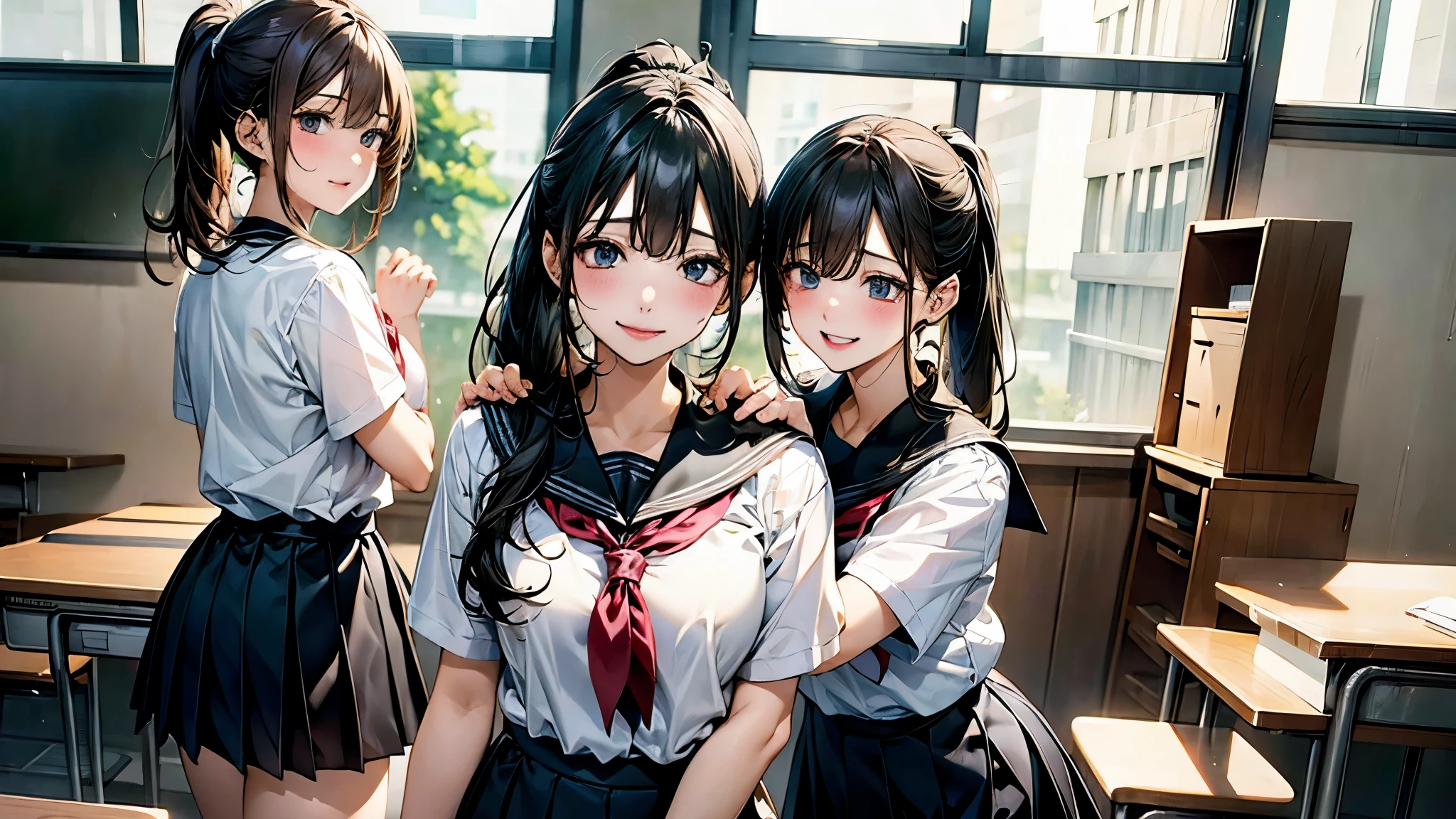 School、White shirt、Black Skirt、School、multiple、graduate School、ponytail、Harem、orgasm