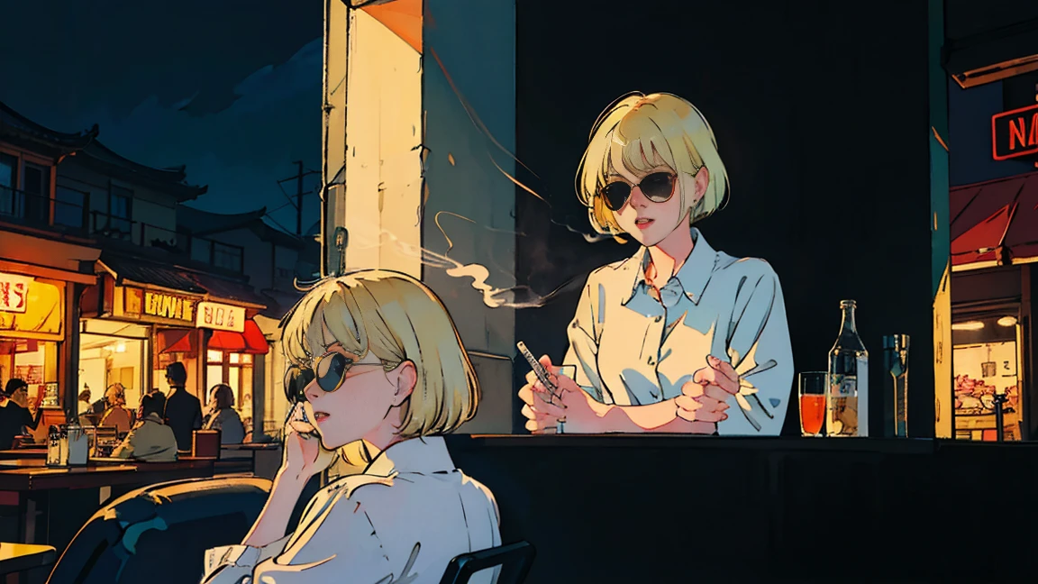 Beautiful blonde Asian girl sitting in a diner at night, visible from the window, perfect face, sunglasses, Smoking white Taylormade cigarettes, neon black, (with backlight: 1.1), hard shadow, masterpiece, highest quality, Complex, model shooting style, vintage, film grain, incomplete details