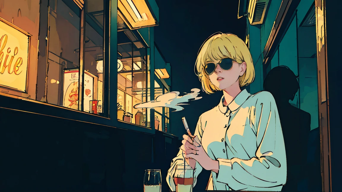 Beautiful blonde Asian girl sitting in a diner at night, visible from the window, perfect face, sunglasses, Smoking white Taylormade cigarettes, neon black, (with backlight: 1.1), hard shadow, masterpiece, highest quality, Complex, model shooting style, vintage, film grain, incomplete details