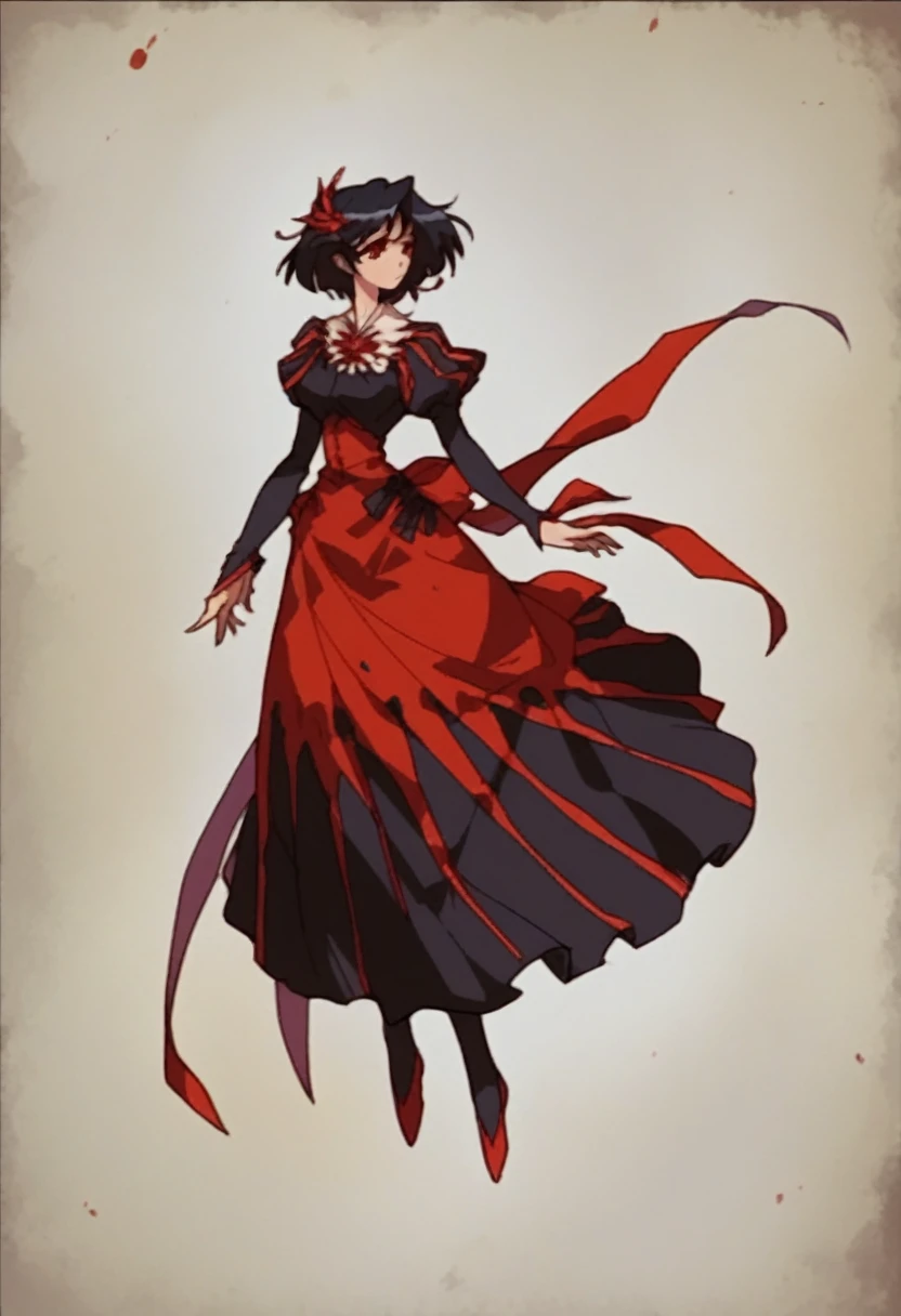 1990s \(style\), 1 woman with big, Black Hair, Look forward, Red eyes,dress,Full-body portrait,