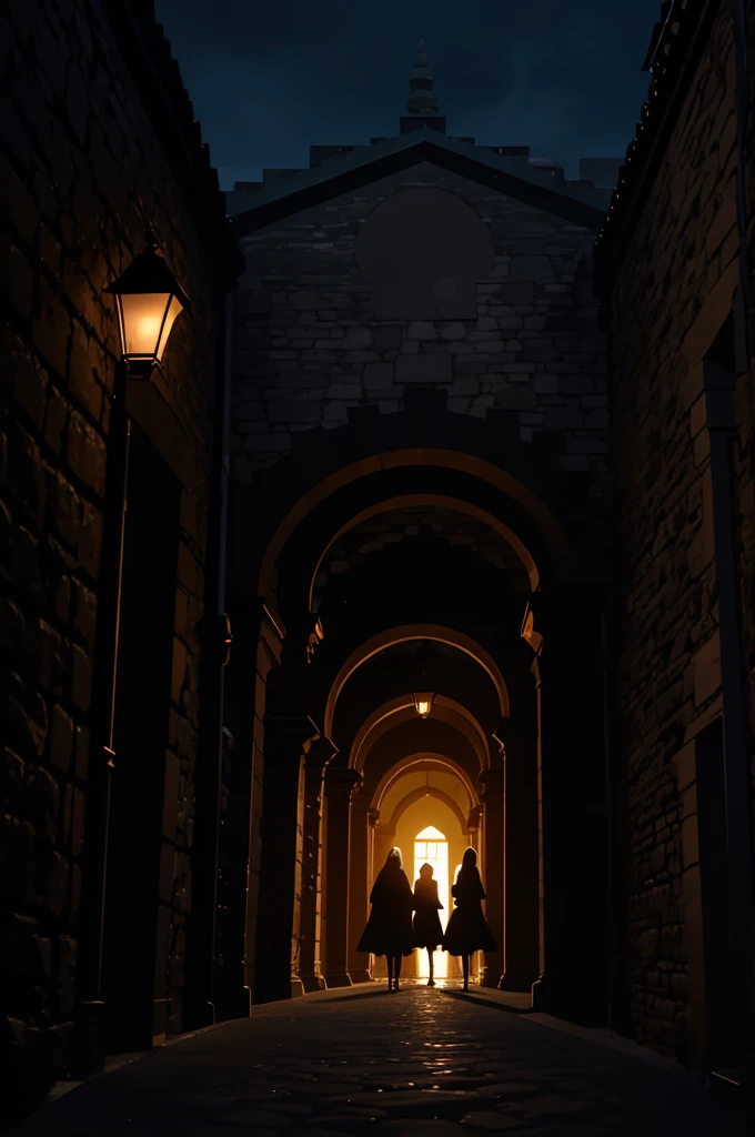 Several women in single file in front of the courtyard of the dark building
