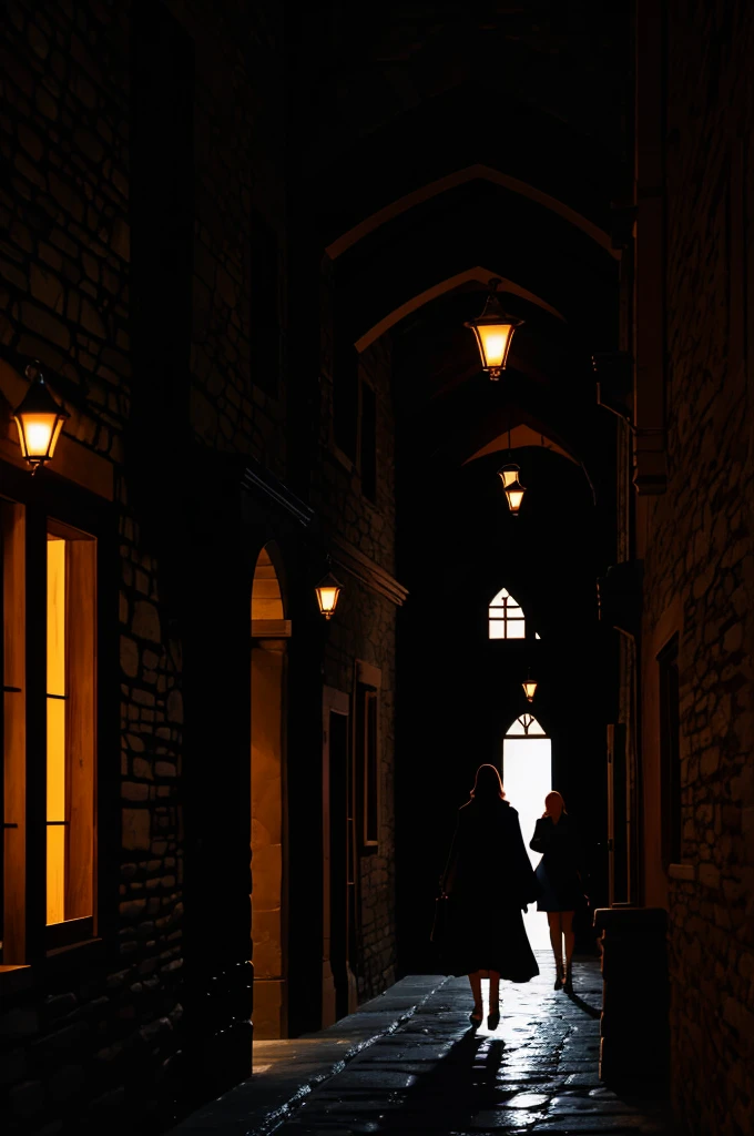 Several women in single file in front of the courtyard of the dark building