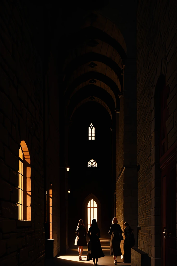 Several women in single file in front of the courtyard of the dark building 