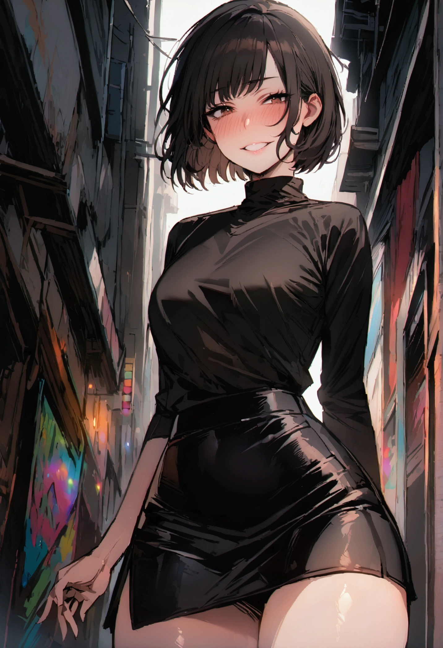 masterpiece, best quality 1girl, solo, beautiful woman, bangs, black hair, short hair, bob cut, dark brown eyes, deep blush, grin, medium breasts, black turtle neck sweeter, short black skirt, plated skirt, looking at viewer 