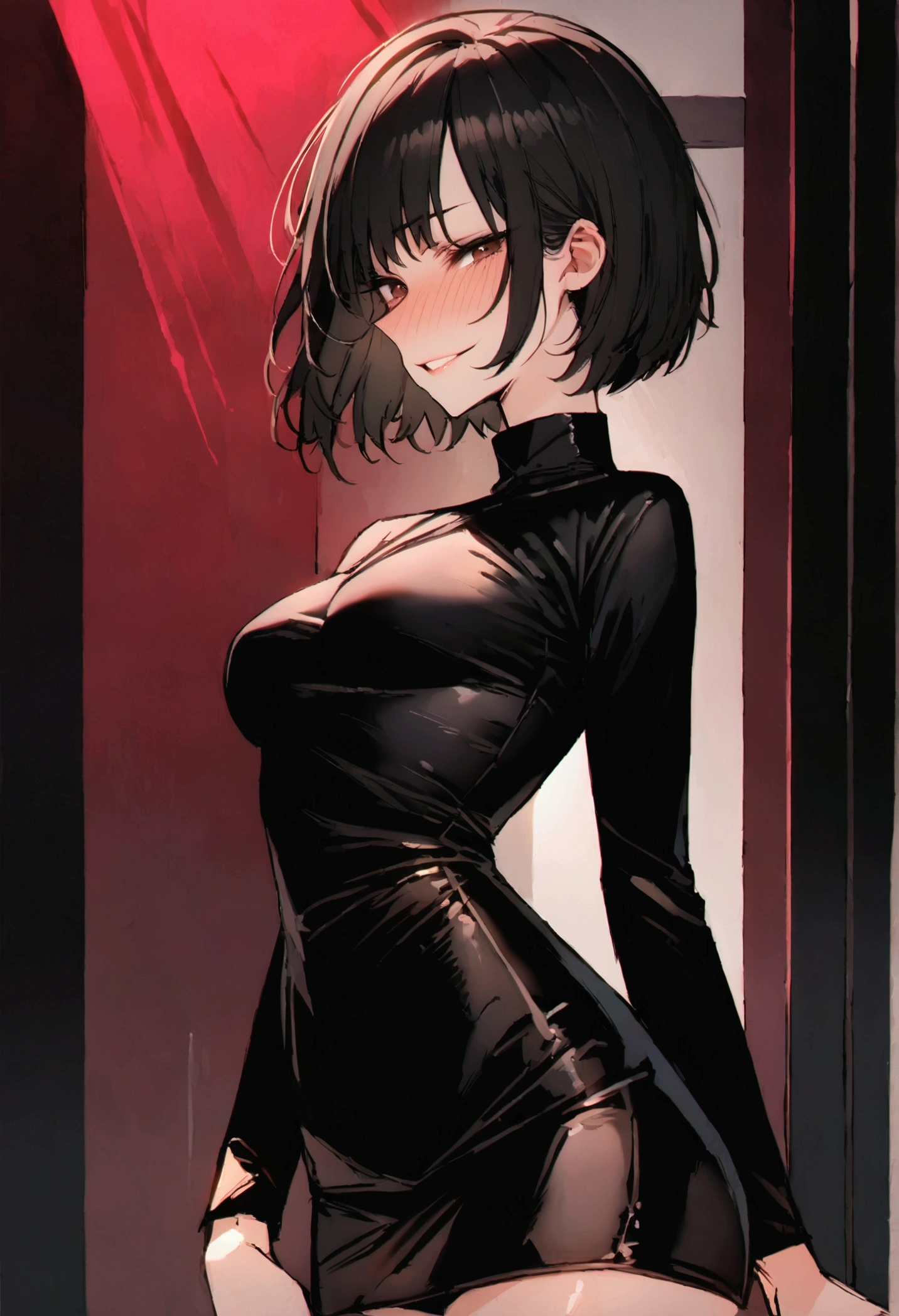 masterpiece, best quality 1girl, solo, beautiful woman, bangs, black hair, short hair, bob cut, dark brown eyes, deep blush, grin, medium breasts, black turtle neck sweeter, short black skirt, plated skirt, looking at viewer