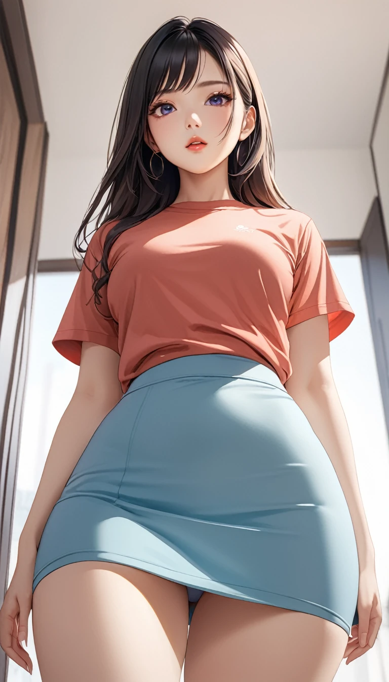 masterpiece, high resolution, beautiful woman, Korean Beauty, 30 years old, tight T-shirt, mini skirt, beautiful woman, standing and looking at me, (high resolution face), (high resolution eyes), from below angle, panty shot