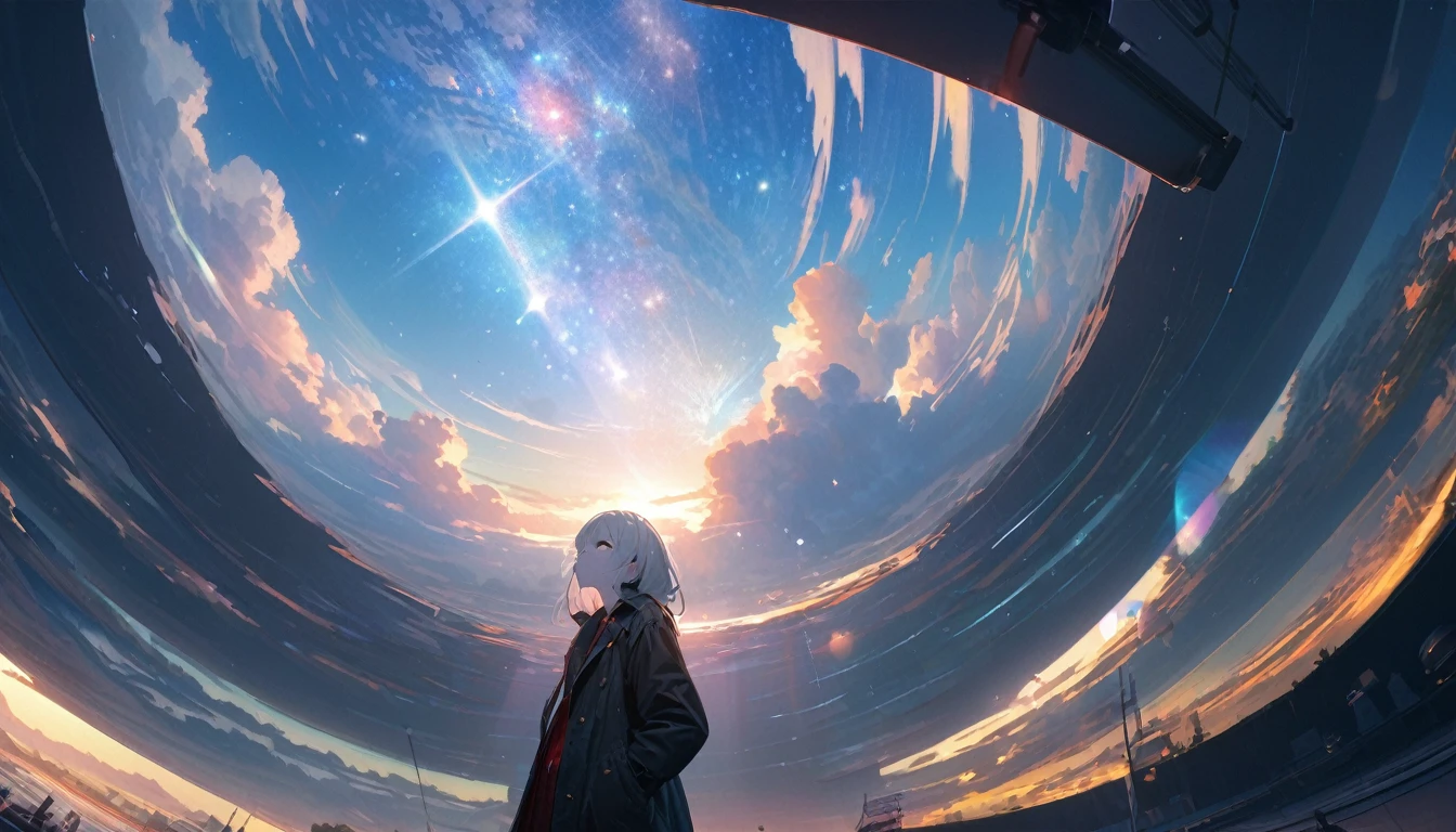 Starry Sky, After the Rain, horizon , In the sky,Lens flare, colorful,coat,Put your hands in your pockets,(student, 18-year-old, JK, Her short silver hair sways, Pale skin, Lack of eye sparkle) Looking up at the sky, Beautiful sky, There is an ocean,White Street,The scenery is beautiful, 広いLooking up at the sky, I see the wind blowing and shining, In the skyは正午の月と正午の星がある,From below, break ,quality(8K,非常に精細なCGユニットのwallpaper, masterpiece,High resolution,top-quality,top-quality real texture skin,Surreal,Increase the resolution,RAW Photos,最高quality,Very detailed,wallpaper,Cinema Lighting,Ray Tracing,Golden Ratio),Have a long-term perspective