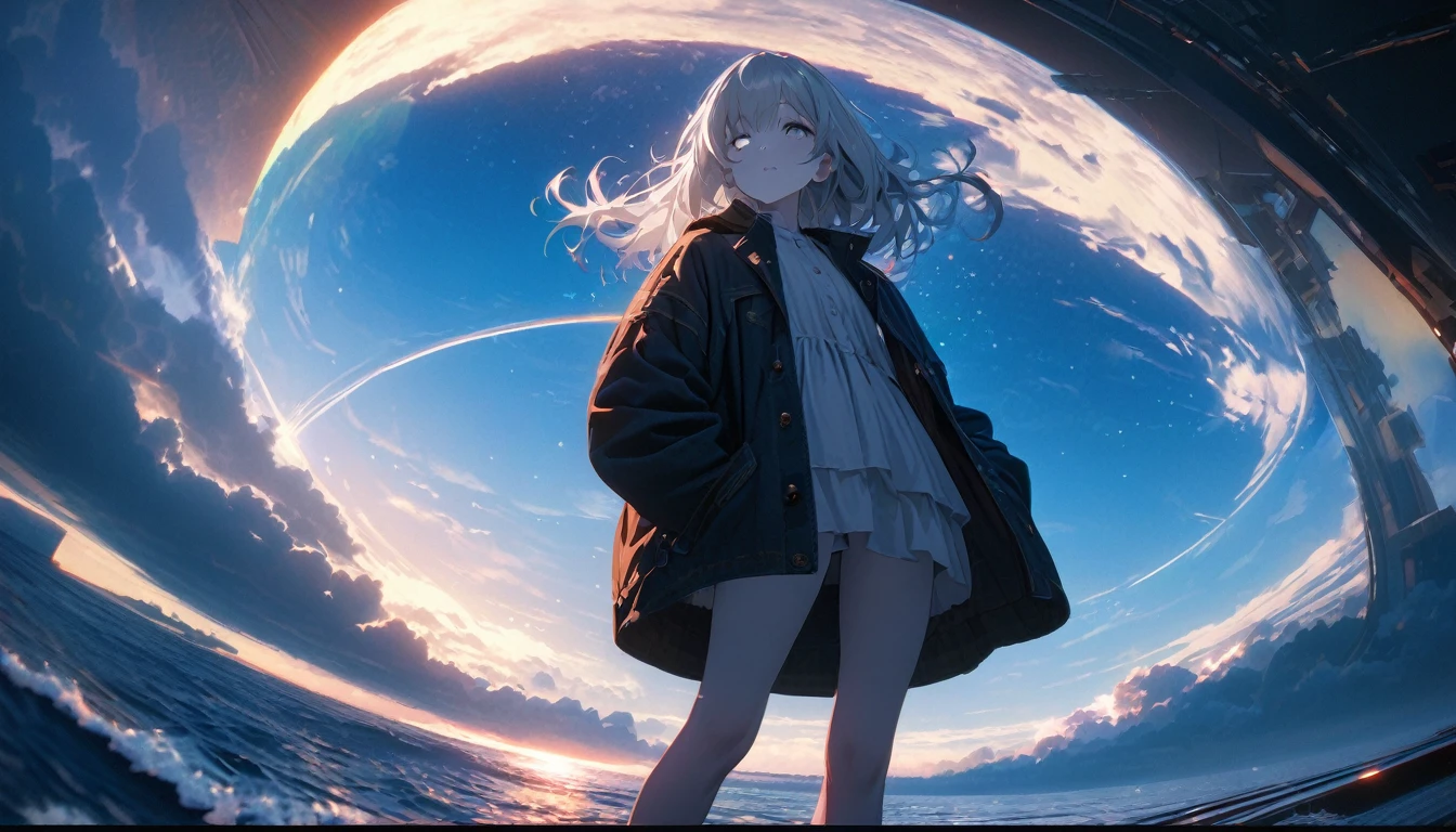 Starry Sky, After the Rain, horizon , In the sky,Lens flare, colorful,coat,Put your hands in your pockets,(student, 18-year-old, ＪＫ, Her short silver hair sways, Pale skin, Lack of eye sparkle) Looking up at the sky, Beautiful sky, There is an ocean,White Street,The scenery is beautiful, 広いLooking up at the sky, I see the wind blowing and shining, In the skyは正午の月と正午の星がある,From below, break ,quality(8K,非常に精細なCGユニットのwallpaper, masterpiece,High resolution,top-quality,top-quality real texture skin,Surreal,Increase the resolution,RAW Photos,最高quality,Very detailed,wallpaper,Cinema Lighting,Ray Tracing,Golden Ratio),Have a long-term perspective