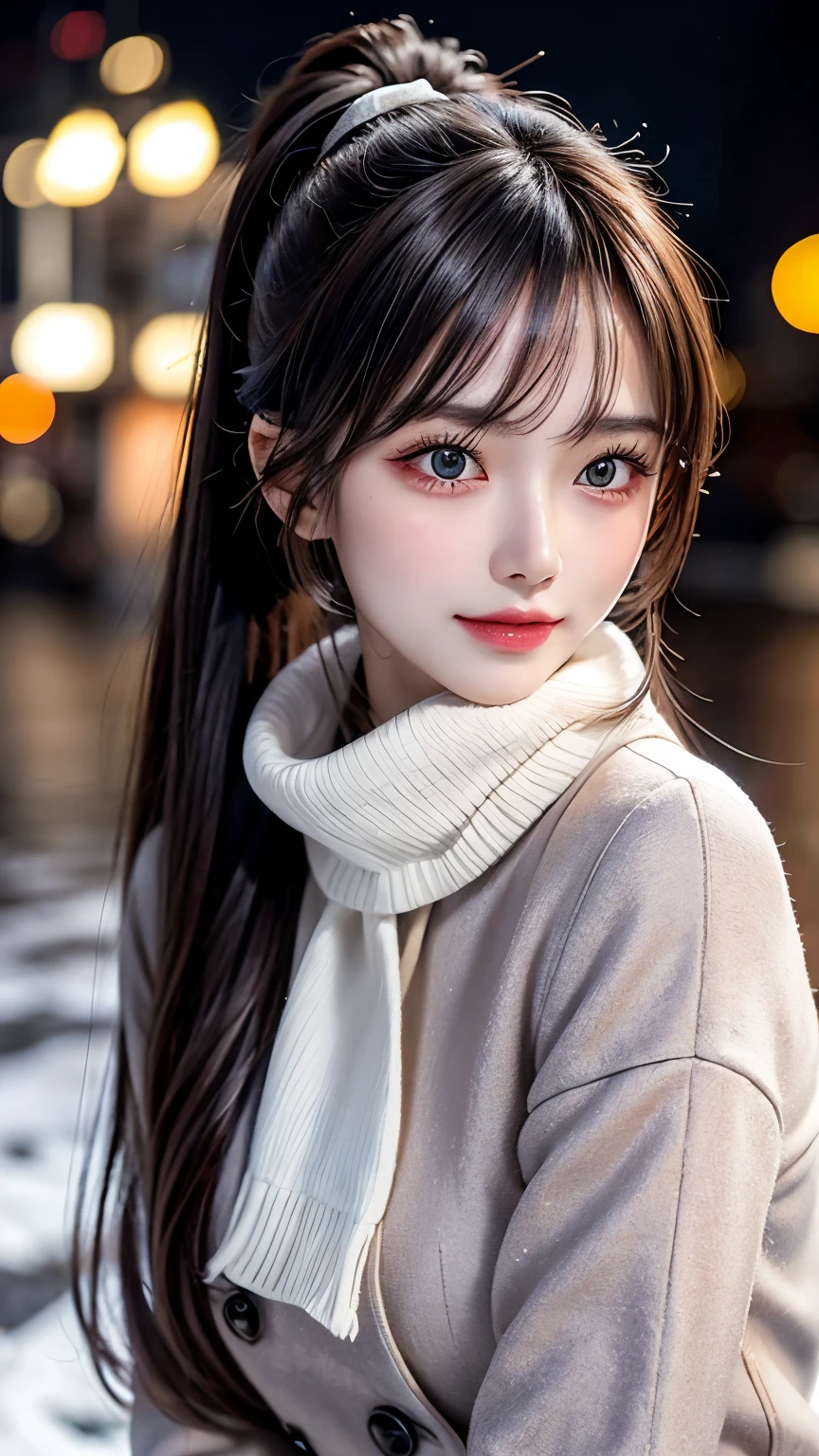blush,long hair ponytail,big ribbon in her hair,(8K, Raw photo, best quality, muste piece:1.2), (Reality, photorealistic:1.4), (Highly detailed 8K wallpaper), Tits sharp focus, Depth of bounds written, cinematic lighting, soft light, detailed beauty eye,Shiny and smooth light brown ponytail, asymmetrical bangs, shiny skin, super detailed skin ,high resolution, high detail, detailed hairstyle, detailed beauty face, hyper real, perfect limbs, perfect anatomy ,1 Japanese girl,famous japanese idol, perfect female body,shy smile,short eyelashes,double-edged eyelids,look straight here,Hair style is ponytail,wear a ribbon, office,long ponytail hairstyle,Wearing scrunchies,wearing a long coat,The Street,stand straight and pose,So that the whole body can be seen,winter,warm clothes,look straight at me,wearing a scarf,It's snowing,european cityscape,cobblestone road,European churches can be seen in the background,in front of a church in europe,night time,illumination is shining