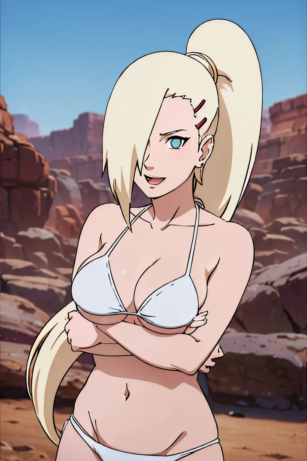 (White bikini:1.5), Ino yamanaka, looking at the viewer, gorgeous, attractive, groin, cowboy shot, ultra detailed face, sunny day, day time, upper body view, anime style, solo, detailed flower field, blonde, (focus on breasts), ((one eye covered with hair, hair over eye, ponytail)), (medium breasts), belly button, looking at the viewer, thick arms, (off-shoulders, wide shoulders, curving body), hidden eye, smile, open mouth, very happy, tall, hair clip, sharp look, sharp face, sharp eye, cold colors,
