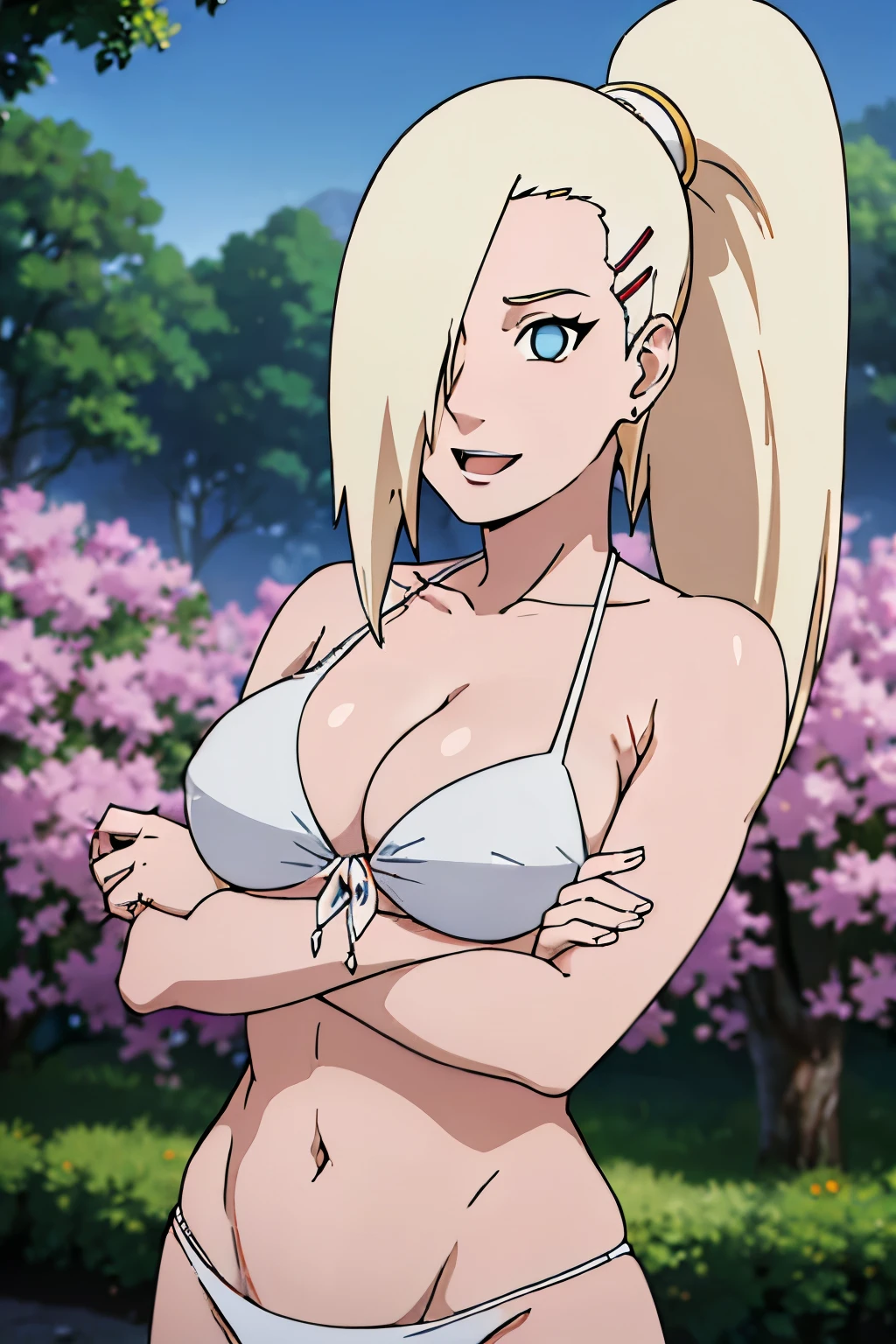 (White bikini:1.5), Ino yamanaka, looking at the viewer, gorgeous, attractive, groin, cowboy shot, ultra detailed face, sunny day, day time, upper body view, anime style, solo, detailed flower field, blonde, (focus on breasts), ((one eye covered with hair, hair over eye, ponytail)), (medium breasts), belly button, looking at the viewer, thick arms, (off-shoulders, wide shoulders, curving body), hidden eye, smile, open mouth, very happy, tall, hair clip, sharp look, sharp face, sharp eye, cold colors,
