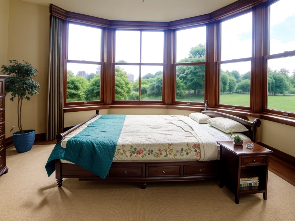 8K picture quality,Best quality,masterpiece,HD,Super rich detail,detailed,Comfortable bedroom,Large Windows,Floor-to-ceiling windows,big bed,There are pillows on the bed,Quilt,Essas roupas,notebook,There is a cabinet next to it,There are bookcases,There is a table,There are chairs,There are flowers,There is a wardrobe,There was a sofa,There are carpets,There are many books,Overall very comfortable,extremely clean,very useful,Large Windows,The scenery outside the window,There are various other flowers,and vegetable garden,There are a variety of vegetables inside,超HD真实感,Live photos,The overall color is mainly blue-green,Strong realism