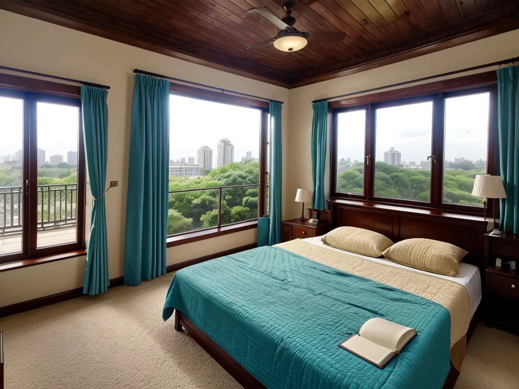 8K picture quality,Best quality,masterpiece,HD,Super rich detail,detailed,Comfortable bedroom,Large Windows,Floor-to-ceiling windows,big bed,There are pillows on the bed,Quilt,Essas roupas,notebook,There is a cabinet next to it,There are bookcases,There is a table,There are chairs,There are flowers,There is a wardrobe,There was a sofa,There are carpets,There are many books,Overall very comfortable,extremely clean,very useful,Large Windows,The scenery outside the window,There are various other flowers,and vegetable garden,There are a variety of vegetables inside,超HD真实感,Live photos,The overall color is mainly blue-green,Strong realism