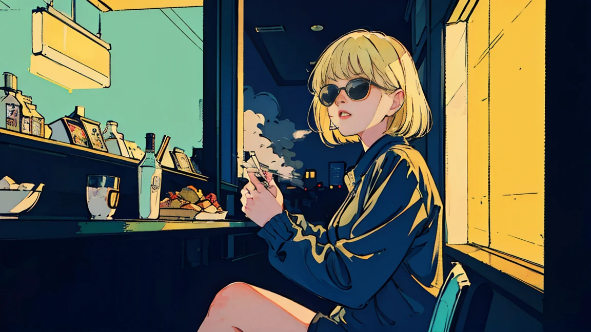 Beautiful blonde Asian girl sitting in a diner at night, visible from the window, perfect face, sunglasses, Smoking white Taylormade cigarettes, neon black, (with backlight: 1.1), hard shadow, masterpiece, highest quality, Complex, model shooting style, vintage, film grain, incomplete details