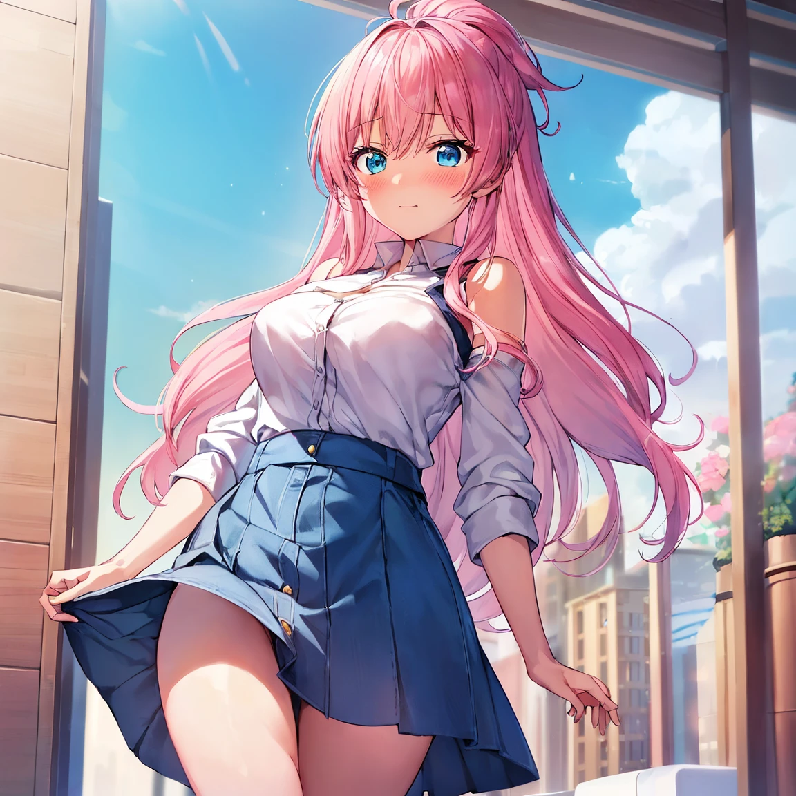 (extremely detailed CG unity 8k wallpaper), (masterpiece), (best quality), (ultra-detailed), (best illustration), (best shadow), (absurdres), ((female body)), 1girl, solo,Akari, 1girl, pink hair, hair ornament, blue eyes, solo, , cowboy shot, mini skirt left, pussy showing , happy ,blush,no top wear,