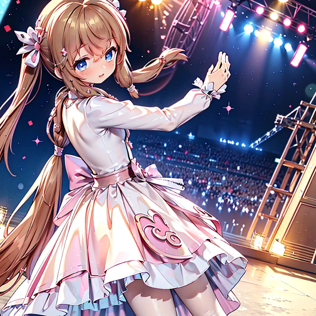 Solo girl, comical, kawaii, Blue eyes, light brown hair, back high twintails, front braids, princess dress, smile, front view, dance at the stage, neon and led lights, posing, sexy, high-resolution image, masterpiece, high quality, attractive eyes, ((dutch angle))