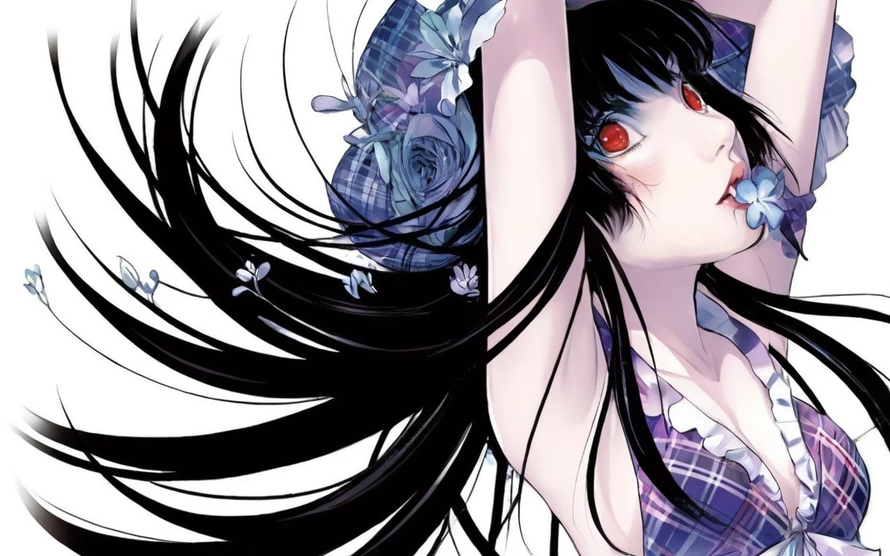 NSFW, Illustration of a young woman with long black hair, vibrant red eyes and a flower in the mouth. She is wearing a frilly purple plaid bra and a matching headband.. Her hair is flowing dramatically around her and she is looking up.