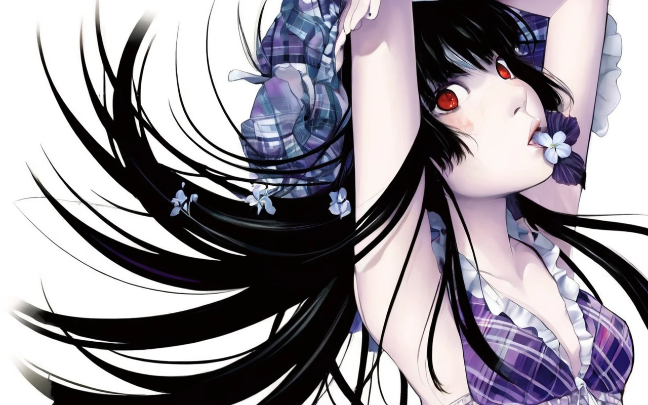 NSFW, Illustration of a young woman with long black hair, vibrant red eyes and a flower in the mouth. She is wearing a frilly purple plaid bra and a matching headband.. Her hair is flowing dramatically around her and she is looking up.