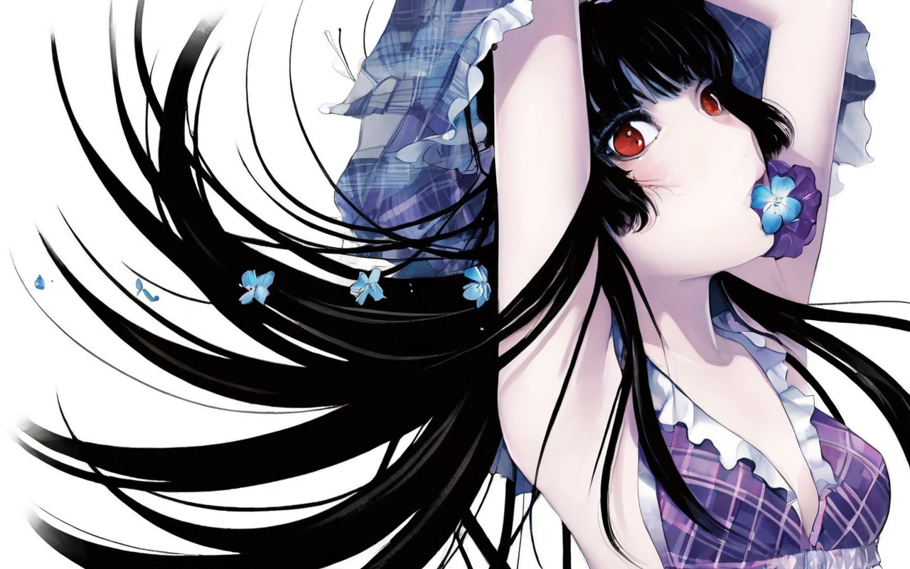 NSFW, Illustration of a young woman with long black hair, vibrant red eyes and a flower in the mouth. She is wearing a frilly purple plaid bra and a matching headband.. Her hair is flowing dramatically around her and she is looking up.