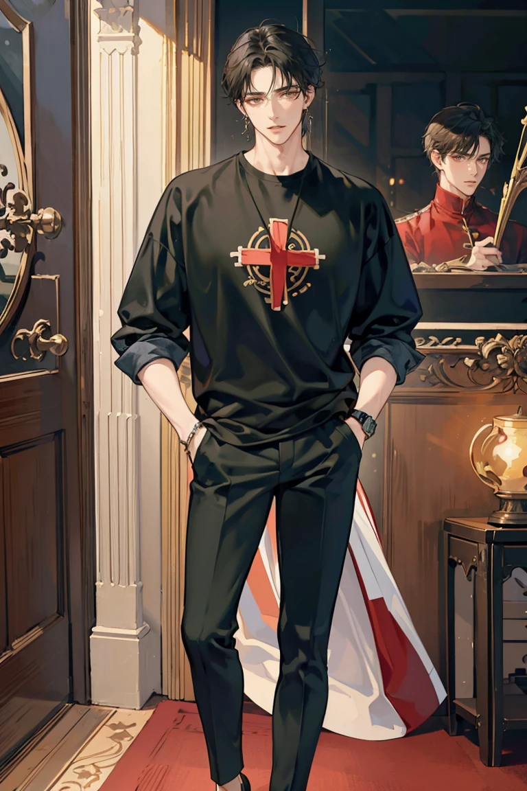 anime - (masterpiece), best quality, seductive eyes, perfect face, handsome man, brown eyes, long slicked back black hair, long nose, tan brown skin, black t-shirt with red cross design, black fitted pants, silver watch, extremely tall man, long legs, long calves, full body, tall man, long legs, anime cover, 1boy, ear piercings, hands in pockets, adult-like look, luxury house background
