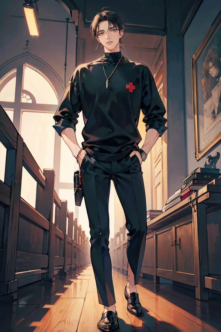 anime - (masterpiece), best quality, seductive eyes, perfect face, handsome man, brown eyes, long slicked back black hair, long nose, tan brown skin, black t-shirt with red cross design, black fitted pants, silver watch, extremely tall man, long legs, long calves, full body, tall man, long legs, anime cover, 1boy, ear piercings, hands in pockets, adult-like look, luxury house background
