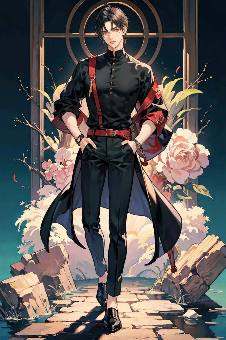 anime - (masterpiece), best quality, seductive eyes, perfect face, handsome man, brown eyes, long slicked back black hair, long nose, tan brown skin, black t-shirt with red cross design, black fitted pants, silver watch, extremely tall man, long legs, long calves, full body, tall man, long legs, anime cover, 1boy, ear piercings, hands in pockets, adult-like look, luxury house background
