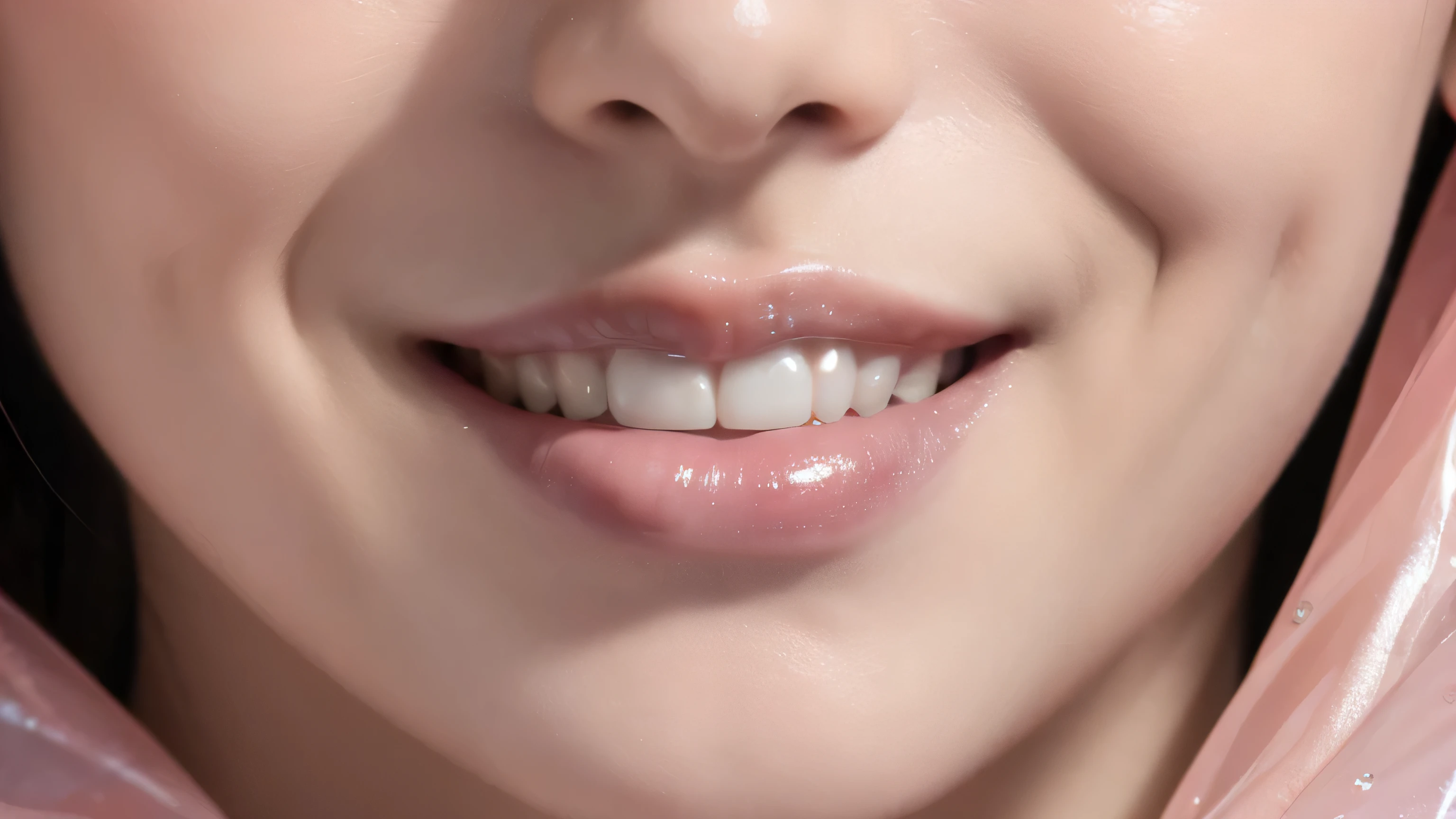 Highest quality,Maximum resolution,8K,This is a real macro close-up photo of the mouth,Pink,Glossy and translucent,Smile,woman,The texture is real and clear