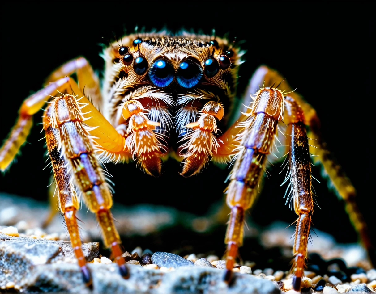 (((Looking through binoculars))), The best quality image, showing extreme macro photography side view close up (wolf spider:1.2) on the stone, biofurnical (cyborg:1.1) improvements, robotic animal, robot, Beautiful, organic details, great hair, focus stacking, iridescent, (fur:0.7), holographic optics, dark background, in macro photography style, focus stacking, studio photography, very detailed, extreme realism, rich colors, Colorful, (Metal gear solid:0.7), (a garden:0.6), (Weapon:0.7), many black eyes