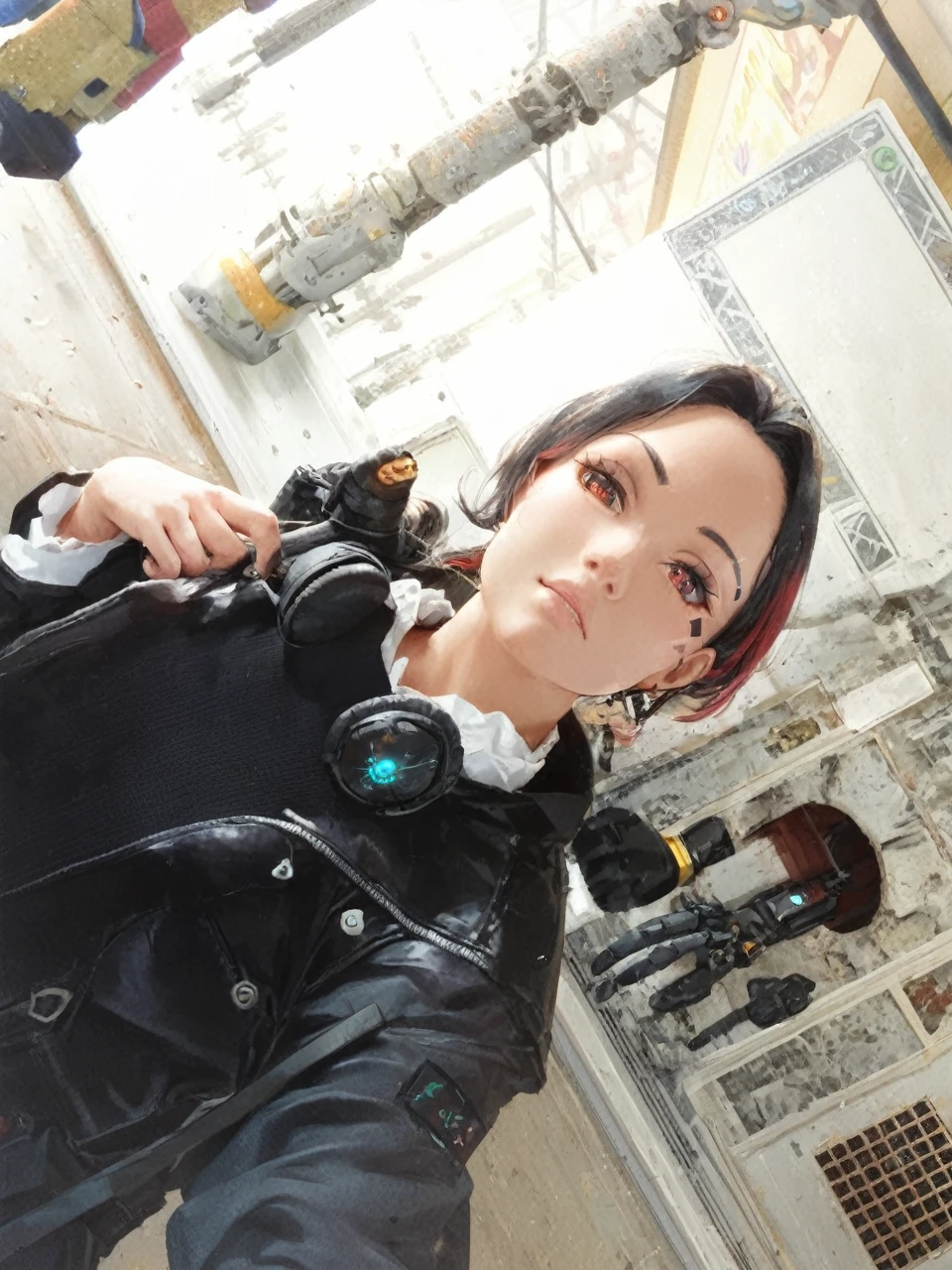 score_9, score_8_up, score_7_up, BREAK,
Cute Girl, masterpiece,(bestquality),highlydetailed,ultra-detailed,1 girl,(black and red tones),(mechanical),(cool),(biodesign),(cyborg),(biomechanics),long black hair with red highlights,(metallic skin),(glowing red eyes),(cybernetic limbs),(wires and tubes),(futuristic outfit),(leather jacket),(combat boots),(in a cyberpunk city with neon lights),(holding a gun),(looking confident and fierce)