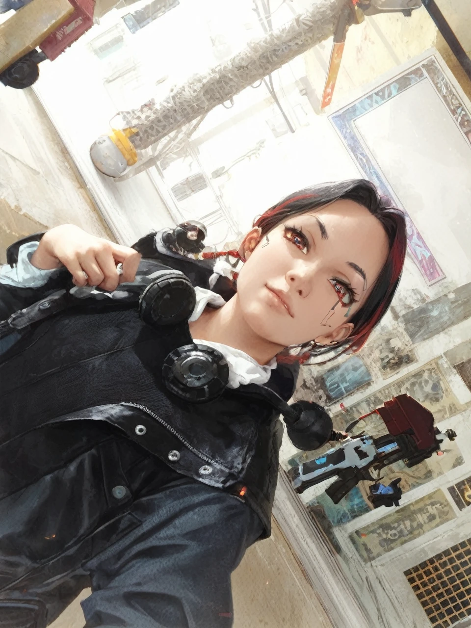 score_9, score_8_up, score_7_up, BREAK,
Cute Girl, masterpiece,(bestquality),highlydetailed,ultra-detailed,1 girl,(black and red tones),(mechanical),(cool),(biodesign),(cyborg),(biomechanics),long black hair with red highlights,(metallic skin),(glowing red eyes),(cybernetic limbs),(wires and tubes),(futuristic outfit),(leather jacket),(combat boots),(in a cyberpunk city with neon lights),(holding a gun),(looking confident and fierce)