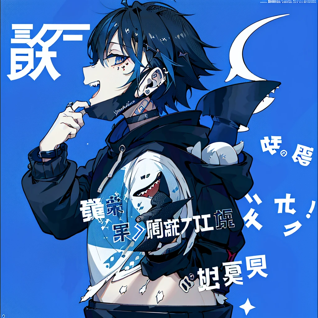 (1boy), (Wearing a blue shark tail hoodie), (boy smiling shark teeth), (Boy Messy Japanese Round Haircut for Thick Hair), (blue nails), (blue hair), black shorts, ((solo)), (magazine:1.3), (cover-style:1.3), simple simple background, watch, mouth mask, wristwatch, stud earrings, vampire, halftone, mask pull, jirai kei, fangs, score_9, score_8_up, score_7_up, best quality, masterpiece, 4k, perfect lighting, very aesthetic, GOTH GIRL, (red pupils with X shape:1), x-shaped pupils, Ultra-detail,(highres:1.1),best quality,(masterpiece:1.2), cinematic lighting, (detailed face and eyes:1.2),