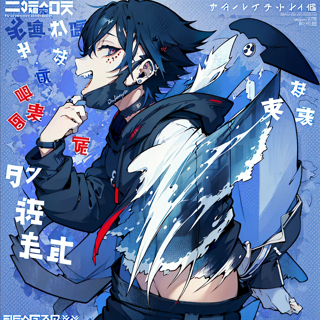 masterpiece, best quality, full body, (1boy), (Wearing a blue shark tail hoodie), (boy smiling shark teeth), (Boy Messy Japanese Round Haircut for Thick Hair), (blue nails), (blue hair), black shorts, ((solo)), (magazine:1.3), (cover-style:1.3), simple simple background, watch, mouth mask, wristwatch, stud earrings, vampire, halftone, mask pull, jirai kei, fangs,