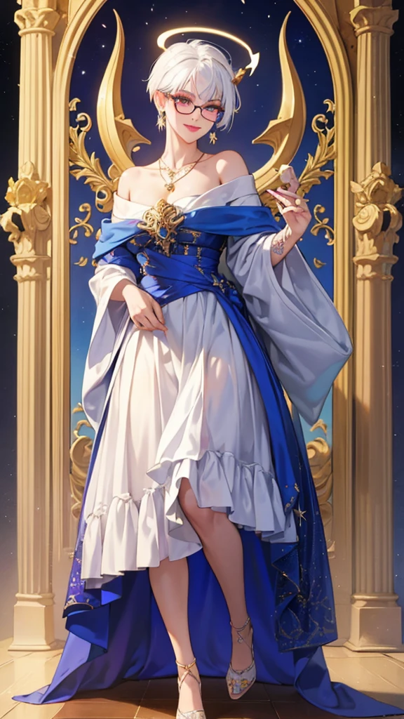 8k, masterpiece, best quality, highly detailed, 1 girl, tiefling, warlock, multicolored hair, very short straight hair green highlight hair on white hair, strippled hair, wearing glasses, round glasses, earrings, red eyeshadow, long eyelashes, blushed cheek, red lips, necklace, rings, collarbone, mole, glamorous, white and gold clothing, smirk, fullbody view, rings, looking at viewer, demon horns, solo, royal dress, palace, blue pale moon, standing, tattoo, halo, celestial, radiance, elegant dress, divine sigil.