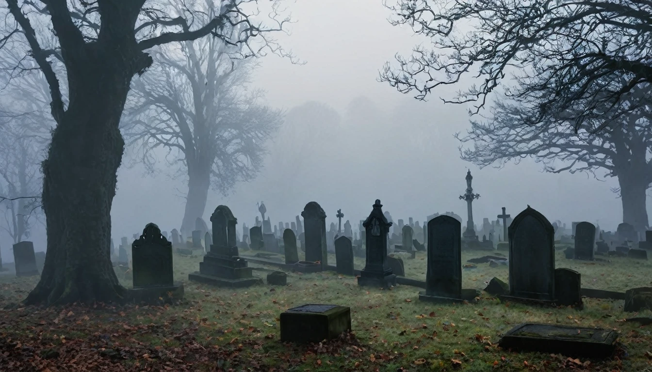 A ghostly shadow moving through a misty graveyard