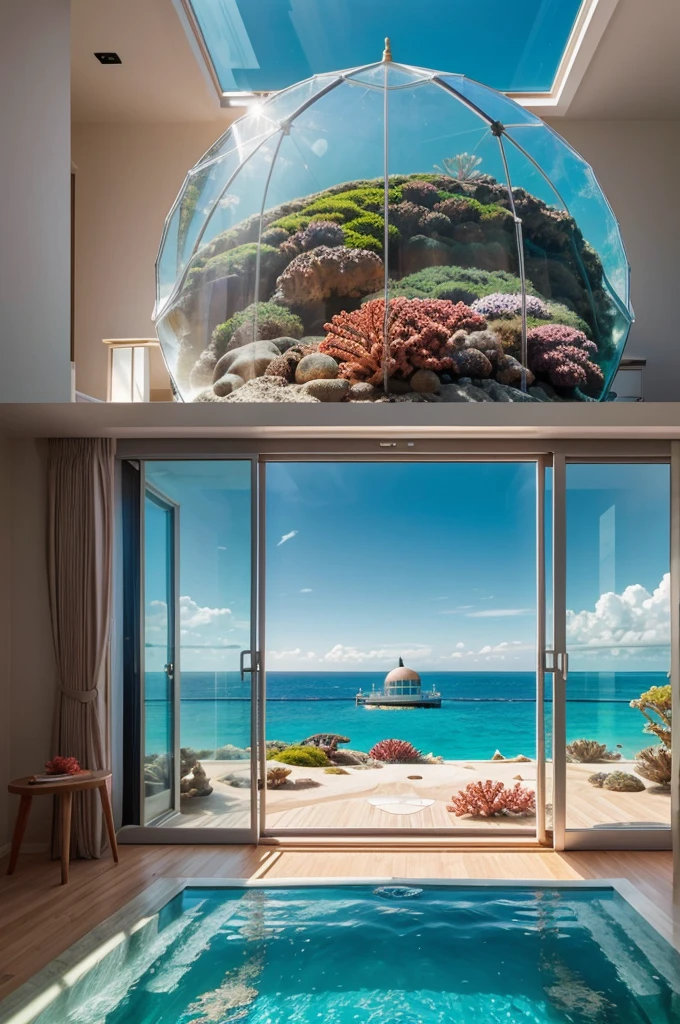 Imagine a house situated on the ocean floor, encapsulated in a transparent dome. Include rooms with panoramic views of marine life, vibrant coral reefs, and a soft, undulating light filtering through the water.