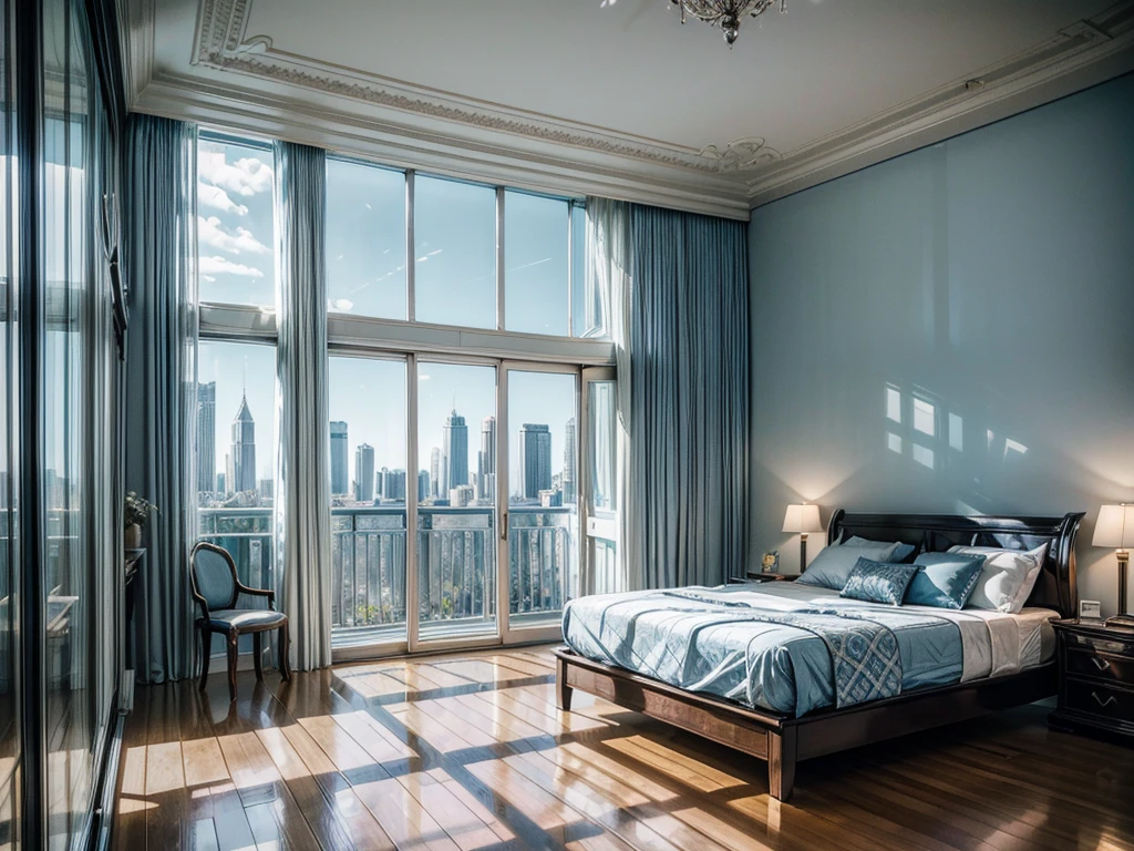 High-resolution images，Glass House，Glass House，Large floor-to-ceiling windows，There is a blue bed in the room，White curtains，TV set，bookshelf。The wall is glass window， The most important thing in the room is a big bed，The window is the villa garden，City skyscrapers