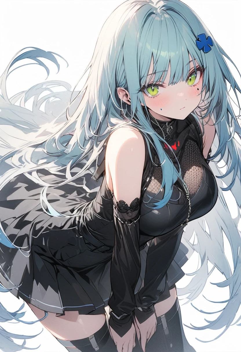 （(One girl)），16K,Super detailed,(((High resolution)))，Straight hair,Large Breasts,(masterpiece)，Very detailed，Simple Background，White Background，Cool look,((hk416)) ，Expressionless，（Sky blue hair)，((Long Hair))，Teenage Girls,Clear Eyes，(Green Eyes),Clear white skin,Great graphics,((full body)),mini skirt,Black Knee High