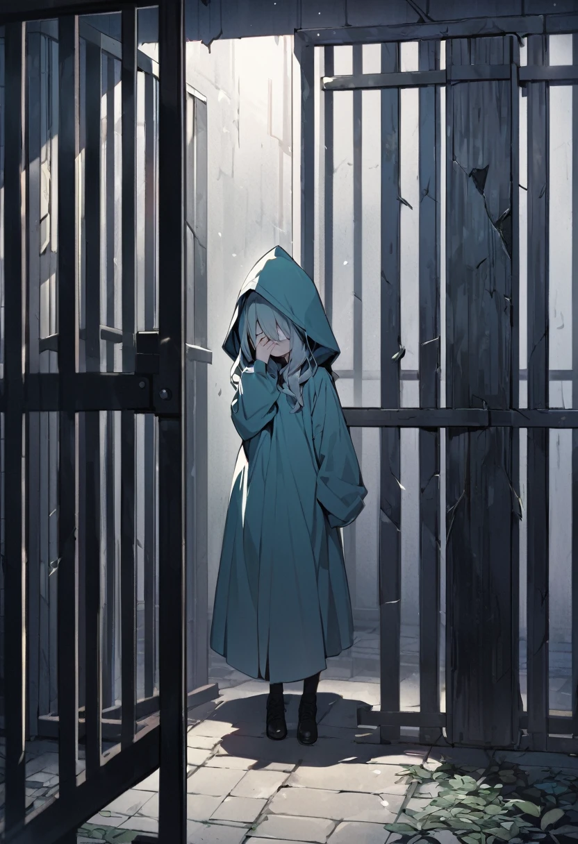 prison、big prison、Woman hiding her face with a hood、looking at the camera、Stupid Witch、Are standing、Lonely
